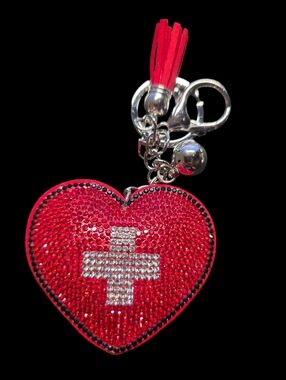 Red Crystal Heart Bag Charm Keychain with Silver Cross Accent